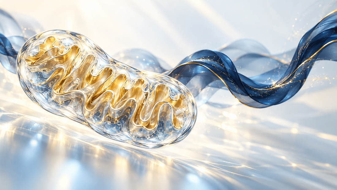 A glass-like mitochondrion with gold internal folds beside a navy ribbon, illustrating mitochondrial signalling research.