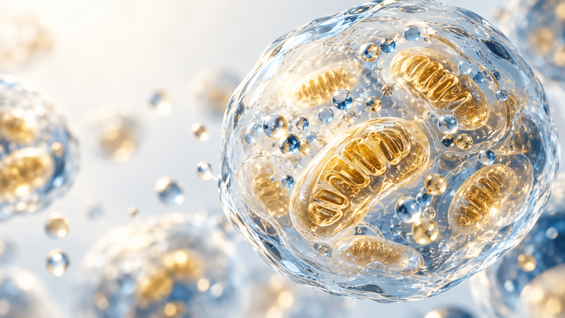 A translucent cell containing gold-lit mitochondria, illustrating the cellular context of NAD+ research.