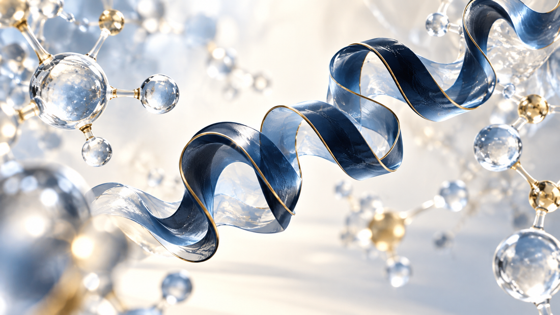 Conceptual navy peptide ribbon and glass molecular spheres on an ivory background.