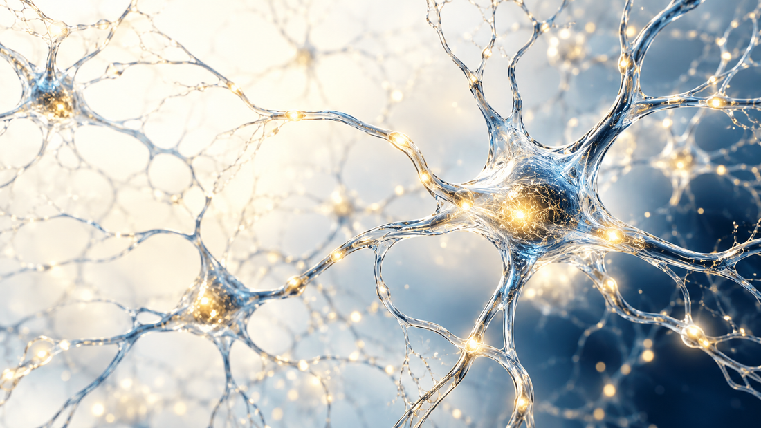 A branching glass-like neuron with gold highlights, illustrating neurotrophic signalling research.