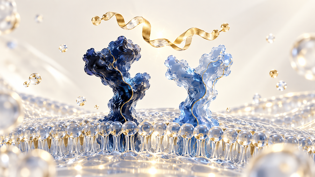 Two navy and blue receptor-like forms in a translucent membrane beneath a gold ribbon, illustrating dual-receptor research.