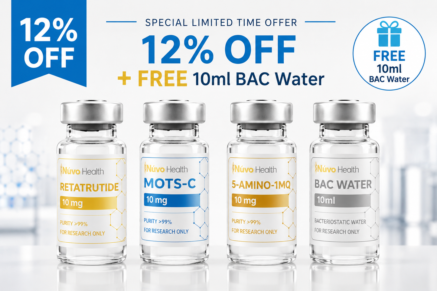 Nūvo Summer Research Bundle 2 - Retatrutide / MOTS-c / 5-AMINO-1MQ + FREE 10ml BAC Water