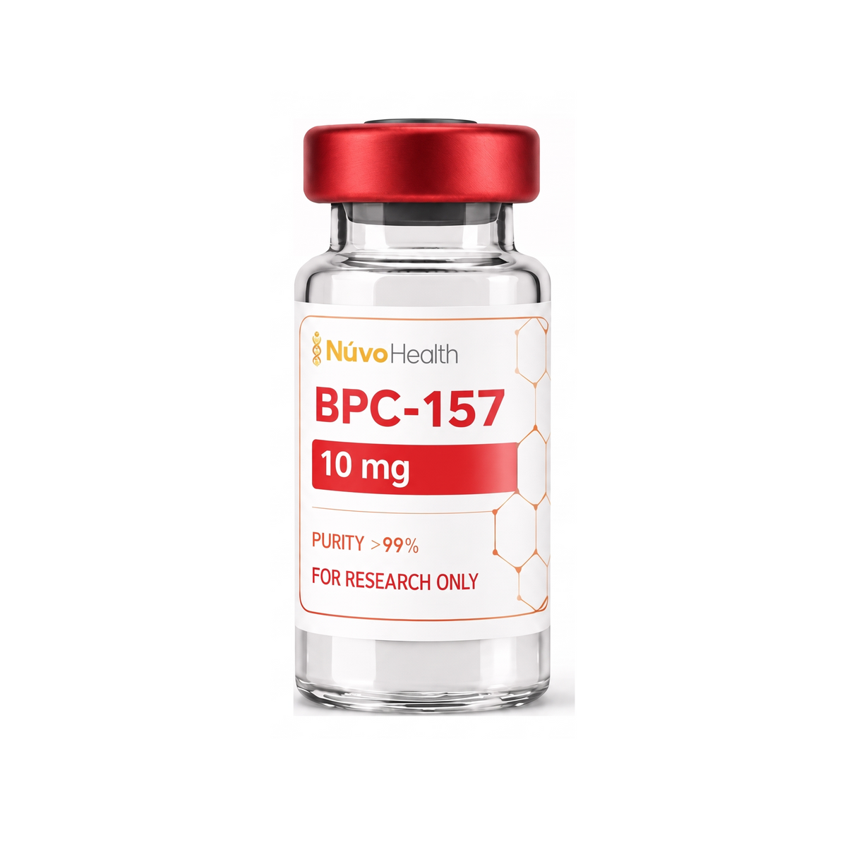 Nūvo Health BPC-157 10mg research vial on a white background