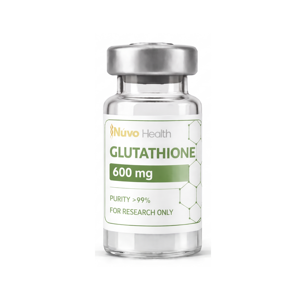 Nūvo Health Glutathione 600mg research vial on a white background