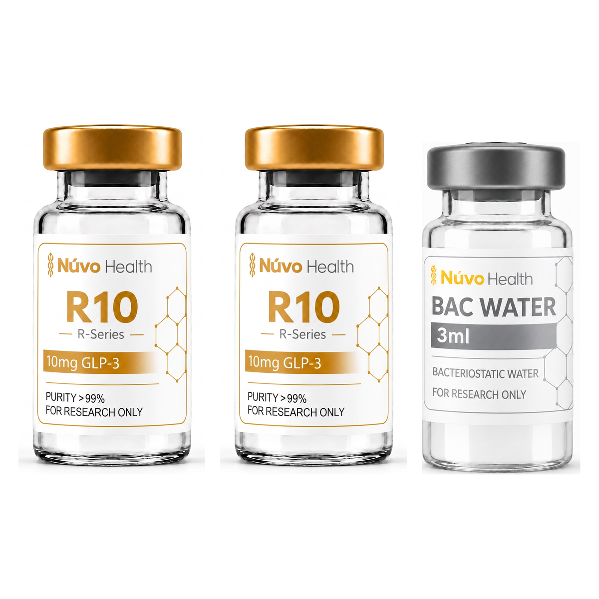 Nūvo Health R10 Duo — two R10 research vials and a 3ml bacteriostatic water vial on a white background