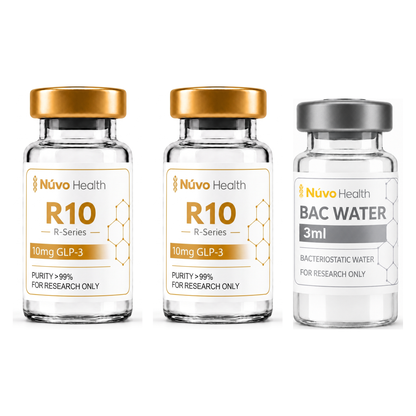 Nūvo Health R10 Duo — two R10 research vials and a 3ml bacteriostatic water vial on a white background