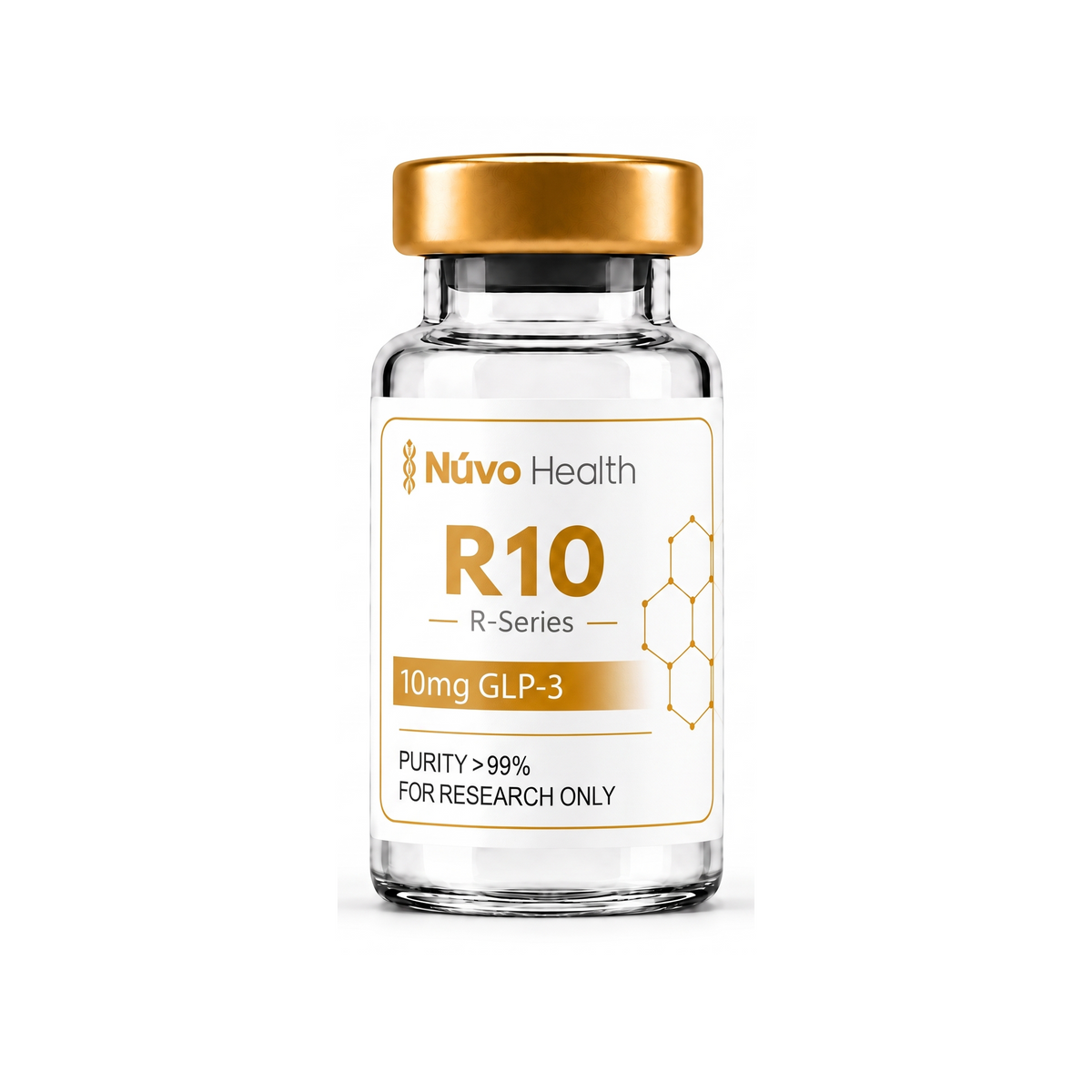 Nūvo Health R10 research vial on a white background