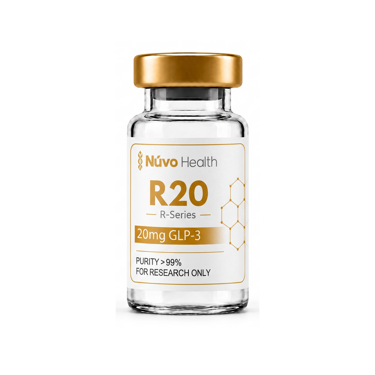 Nūvo Health R20 research vial on a white background