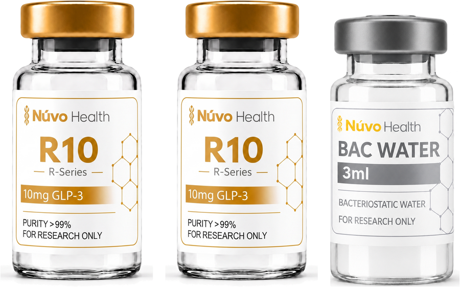 Two R10 research vials and a 3ml bacteriostatic water vial