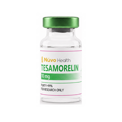 Nūvo Health Tesamorelin 10mg research vial on a white background